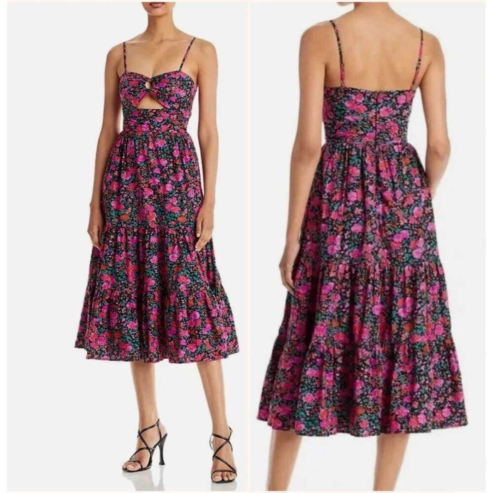 Aqua Women's Floral Print Cut Out Tiered Midi Dress 100% Cotton Small  L87903